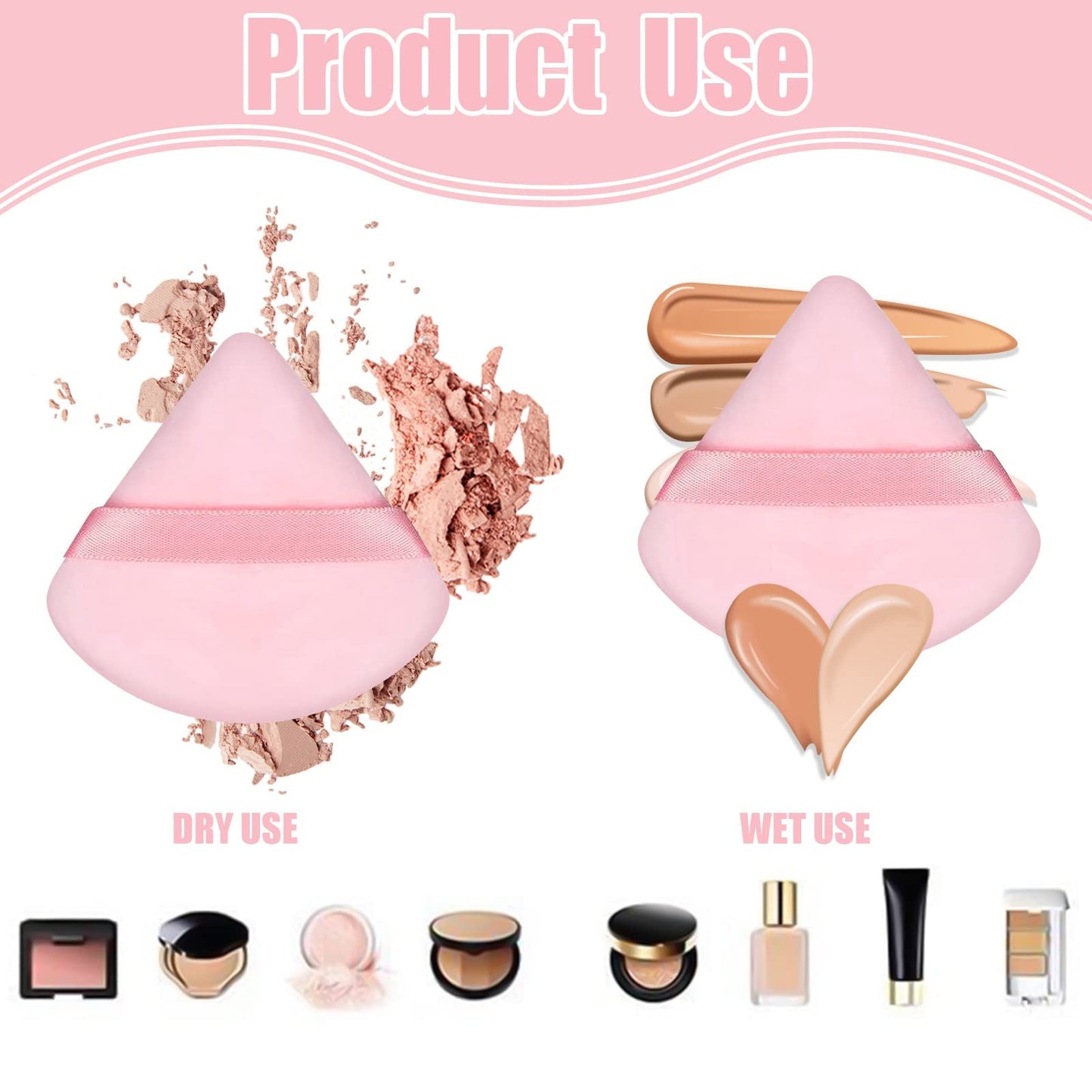 Pimoys 6 Pieces Powder Puff Face Makeup Sponge Soft Velour Triangle Powder Puffs Beauty Sponge Stocking Stuffers for Loose Powder (Black, Pink)