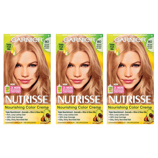 Garnier Nutrisse Nourishing Hair Color Creme, 80 Medium Natural Blonde (Butternut), 3 Count (Packaging May Vary)