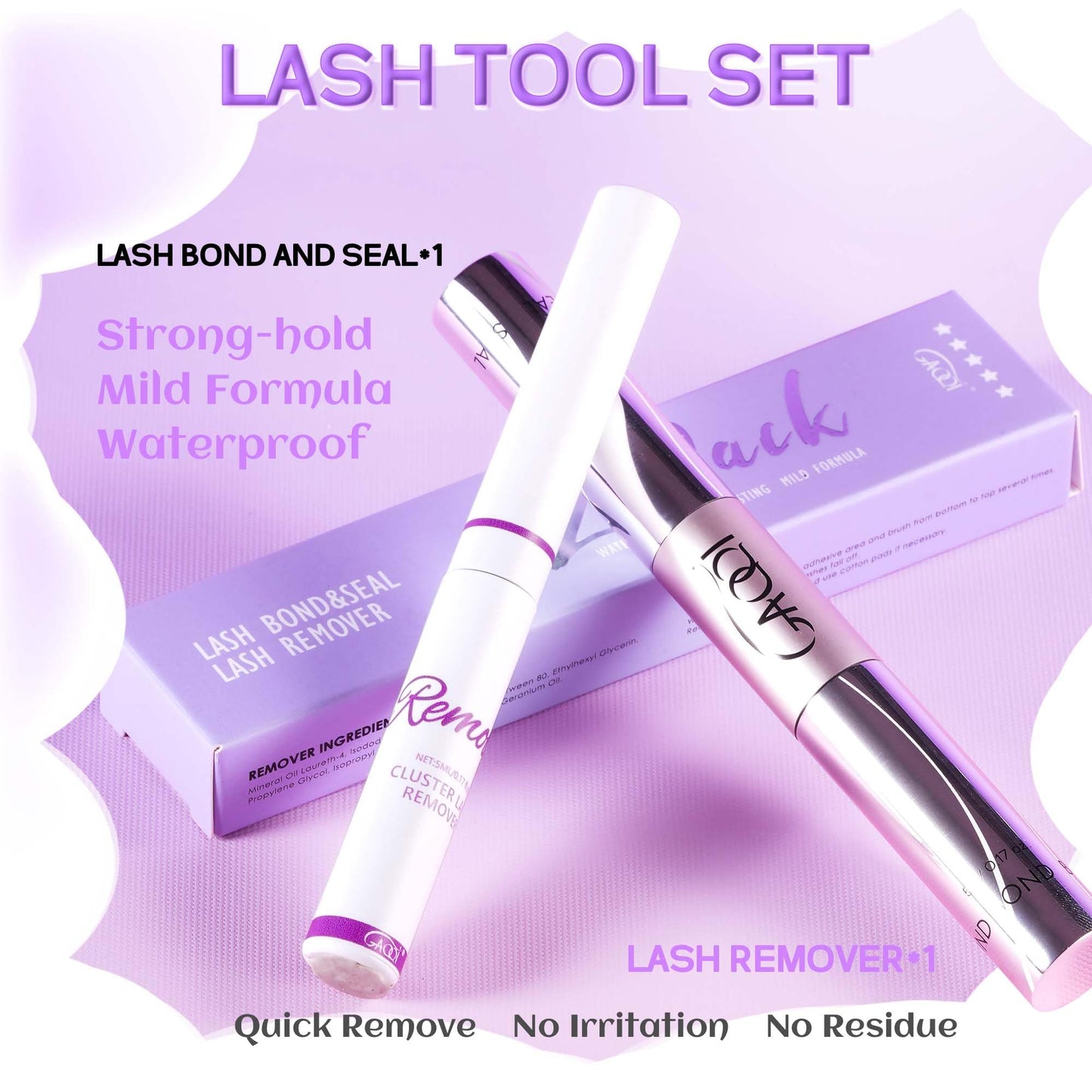 GAQQI Lash Cluster Glue + Remover Set, Lash Bond and Seal Waterproof, Long Lasting Eyelash Glue Strong Hold, Gentle Eyelash Remover for DIY Use (2Pcs Set)