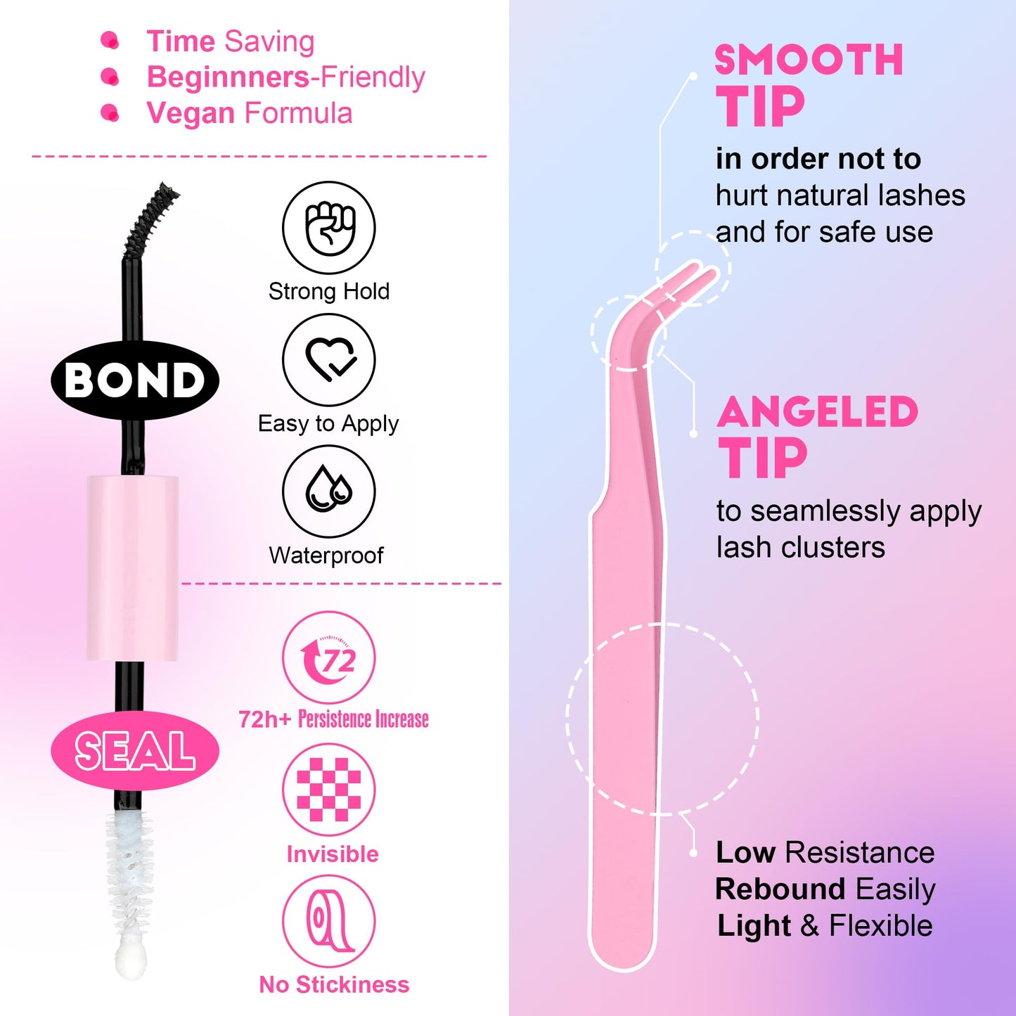 Pawotence Lash Extension Kit DIY 40D 12-18mm Individual Lashes Clusters Kit 280pcs Cluster Eyelash Extensions Kit with Lash Bond and Seal, Tweezers for Self Application (Long 40D, 12-18mm, Kit)