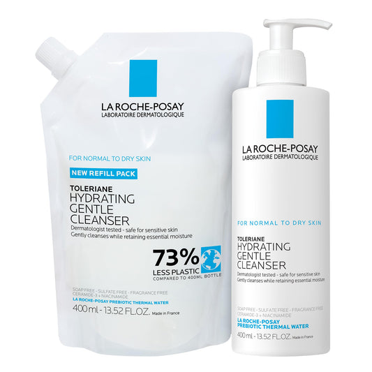 La Roche-Posay Toleriane Hydrating Gentle Face Cleanser & Refill, Hydrating Facial Cleanser With Niacinamide + Ceramides, Daily Face Wash For Dry Skin To Normal Skin