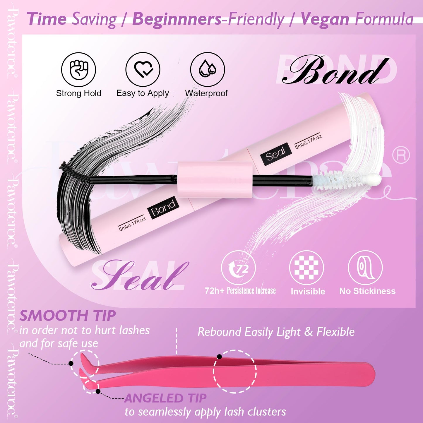 Pawotence Lash Extension Kit DIY Individual Lash Clusters Kit Full 50D with Lash Bond and Seal and Lash Applicator, 9-16mm Clusters Eyelash Extension Kit at Home (Full 50D, 9-16mm, Kit)