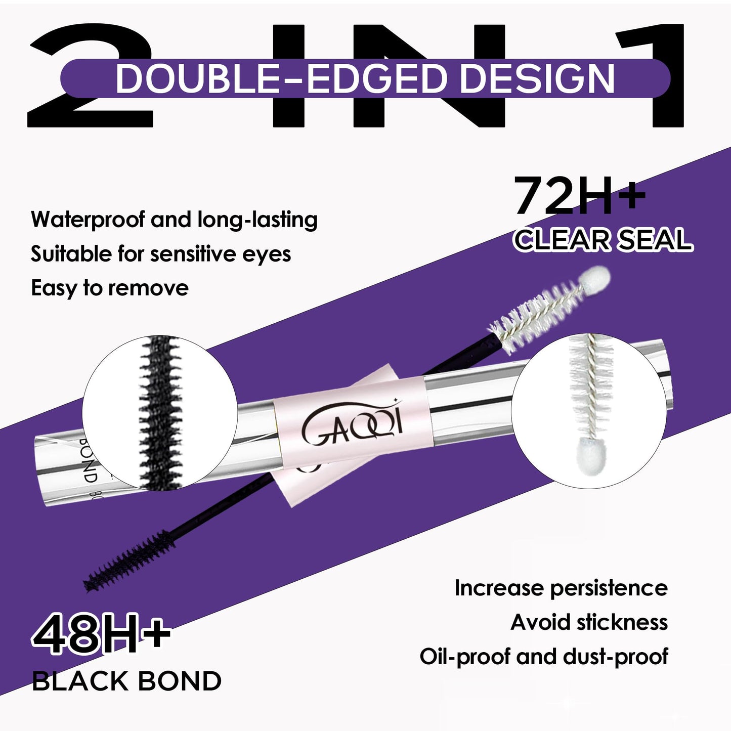 GAQQI Bond and Seal Lash Glue, Lash Cluster Glue Waterproof Eyelash Adhesive for Eyelash Clusters, Long-Lasting 72H+, Latex Free (Pack of 2)