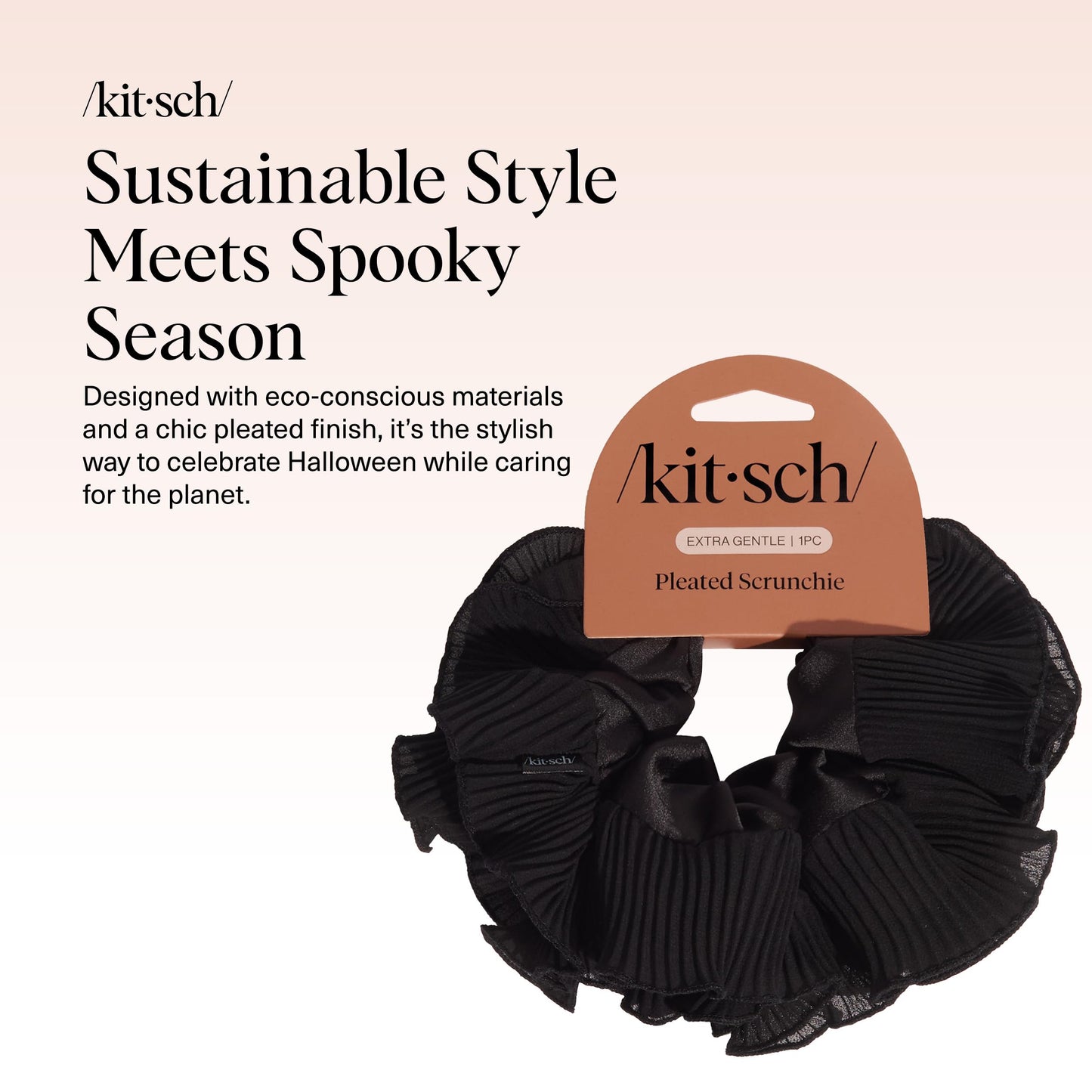 Kitsch Recycled Fabric Pleated Scrunchie – Halloween Hair Scrunchie for Women’s Hair – Chic Hair Accessories & Halloween Accessories – Sustainable Scrunchie for Women - Black