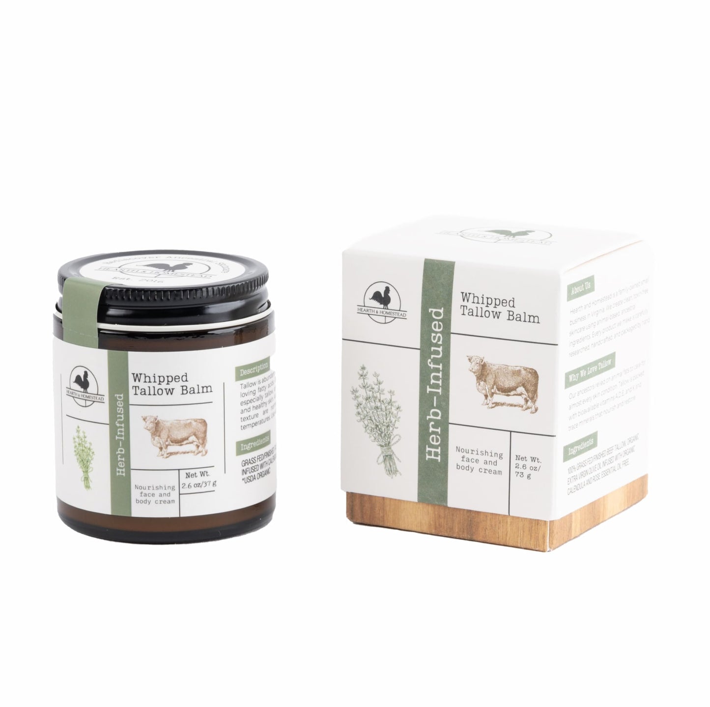 Hearth and Homestead: Handmade Whipped Tallow Balm (Herb-Infused/Unscented) - Large Jar - 2.6 oz