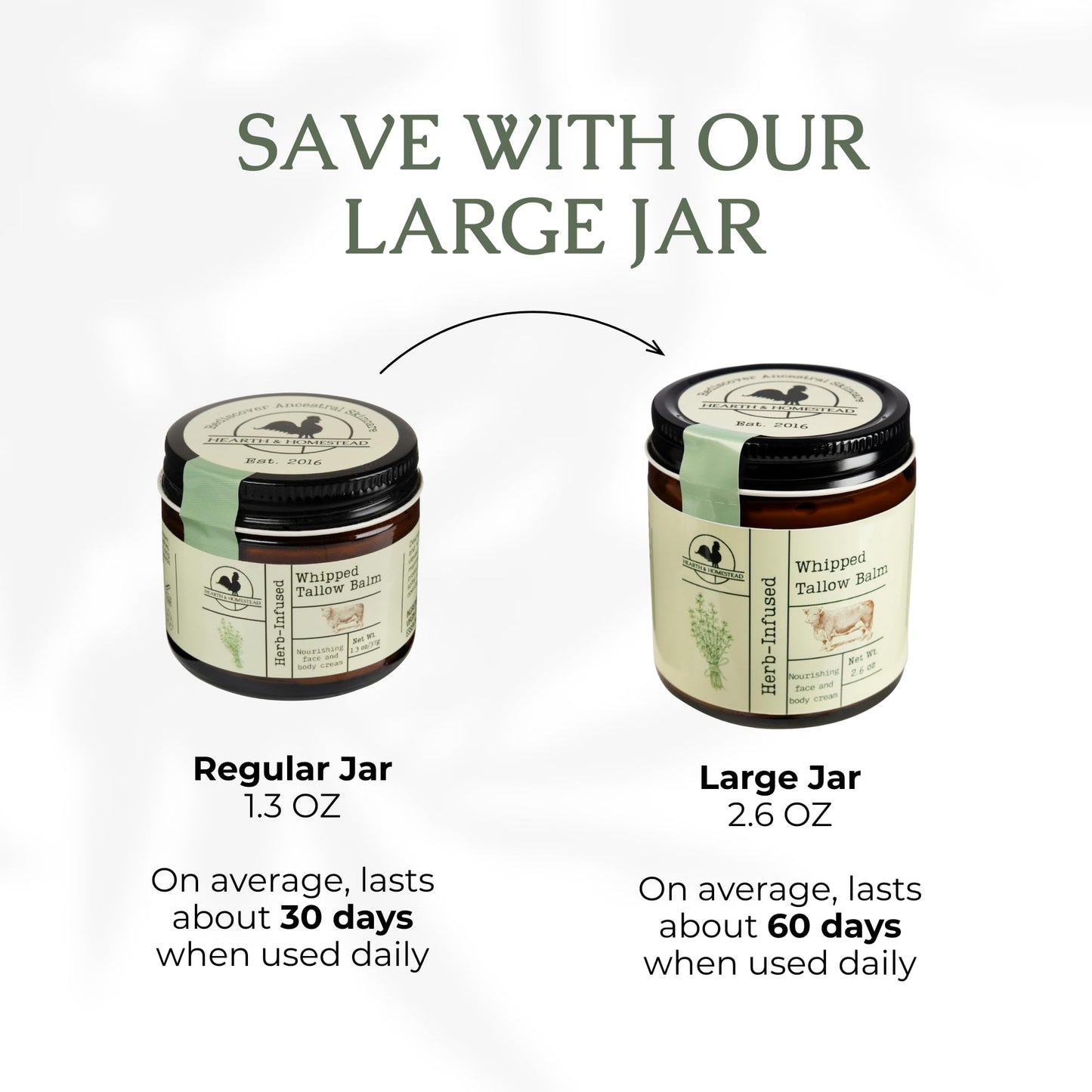 Hearth and Homestead: Handmade Whipped Tallow Balm (Herb-Infused/Unscented) - Large Jar - 2.6 oz