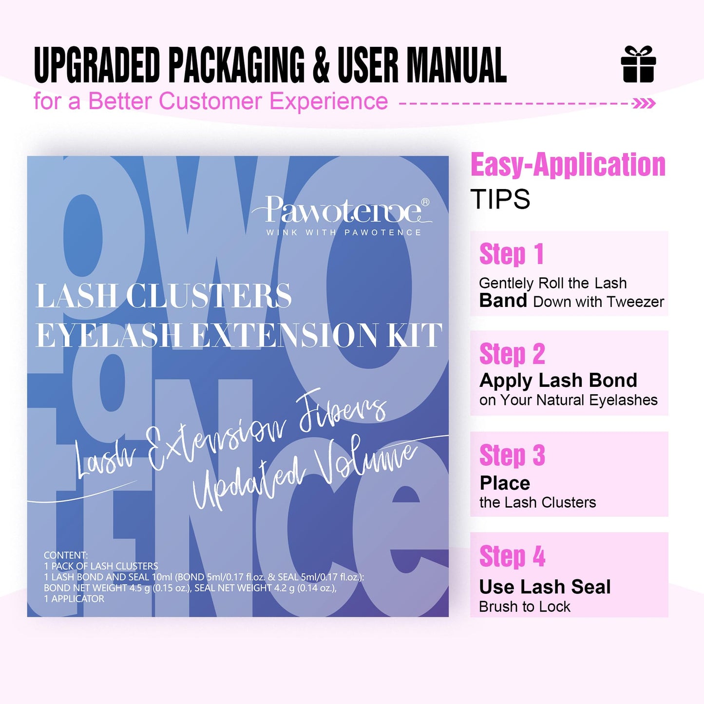Pawotence Lash Extension Kit DIY 280pcs Individual Lash Clusters Kit 50D 9-16mm Cluster Eyelash Extensions Kit with Lash Bond and Seal, Lash Tweezers for Self Application (50D, 0.07D, 9-16mm, Kit)