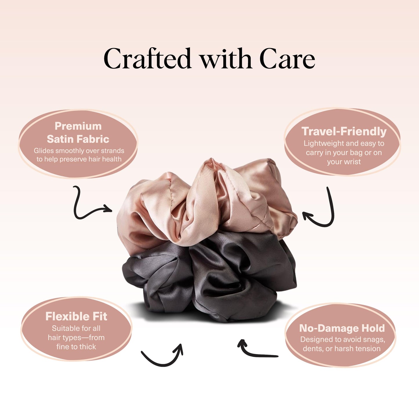 Kitsch Satin Hair Scrunchies for Women, Softer Than Silk Scrunchies for Hair - No Damage Satin Hair Ties, Ponytail Holders, 2pc (Blush/Charcoal)