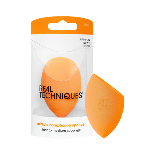 Real Techniques Miracle Complexion Sponge, Makeup Blending Sponge, For Liquid & Cream Foundation, Offers Light To Medium Coverage, Natural, Dewy Makeup, Orange Sponge, Latex-Free Foam, 1 Count
