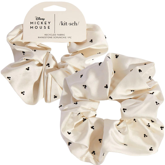 Kitsch & Mickey/Minnie Fabric Rhinestone Scrunchies for Girls and Women, Hair Scrunchies for All Hair Types, Perfect for Updo (Cream) - 1 Piece