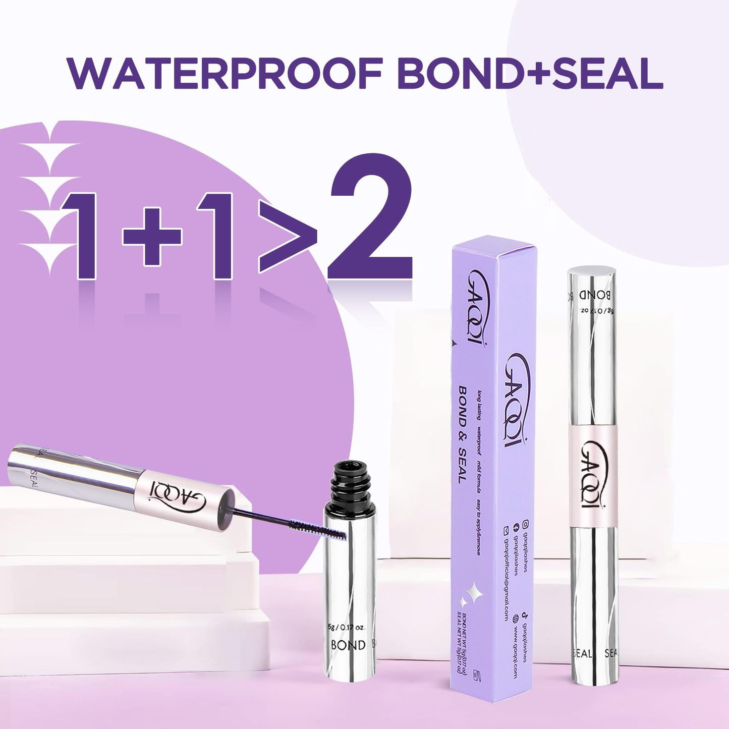GAQQI Lash Cluster Glue, Lash Bond and Seal Waterproof, Bond & Seal Eyelash Glue for Clusters, Eyelash Adhesive Black Long-Lasting 72H, Latex-Free（5ml+5ml）