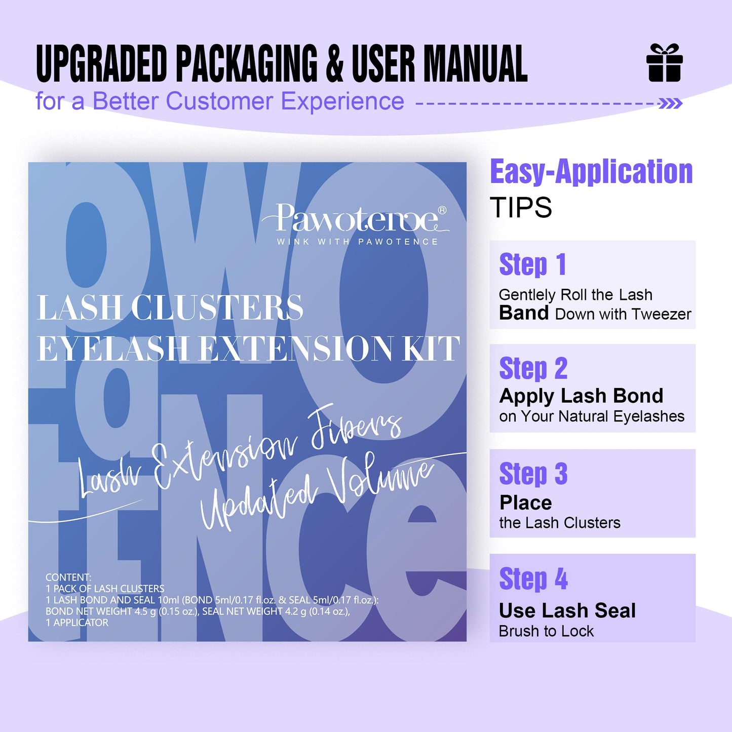 Pawotence Lash Extension Kit Individual Lash Clusters Kit 40D 50D Eyelash Extension Kit 8-16mm Eyelash Clusters with Lash Bond and Seal, Lash Tweezers for Beginners (40D&50D, 0.07D, 8-16mm, Kit)
