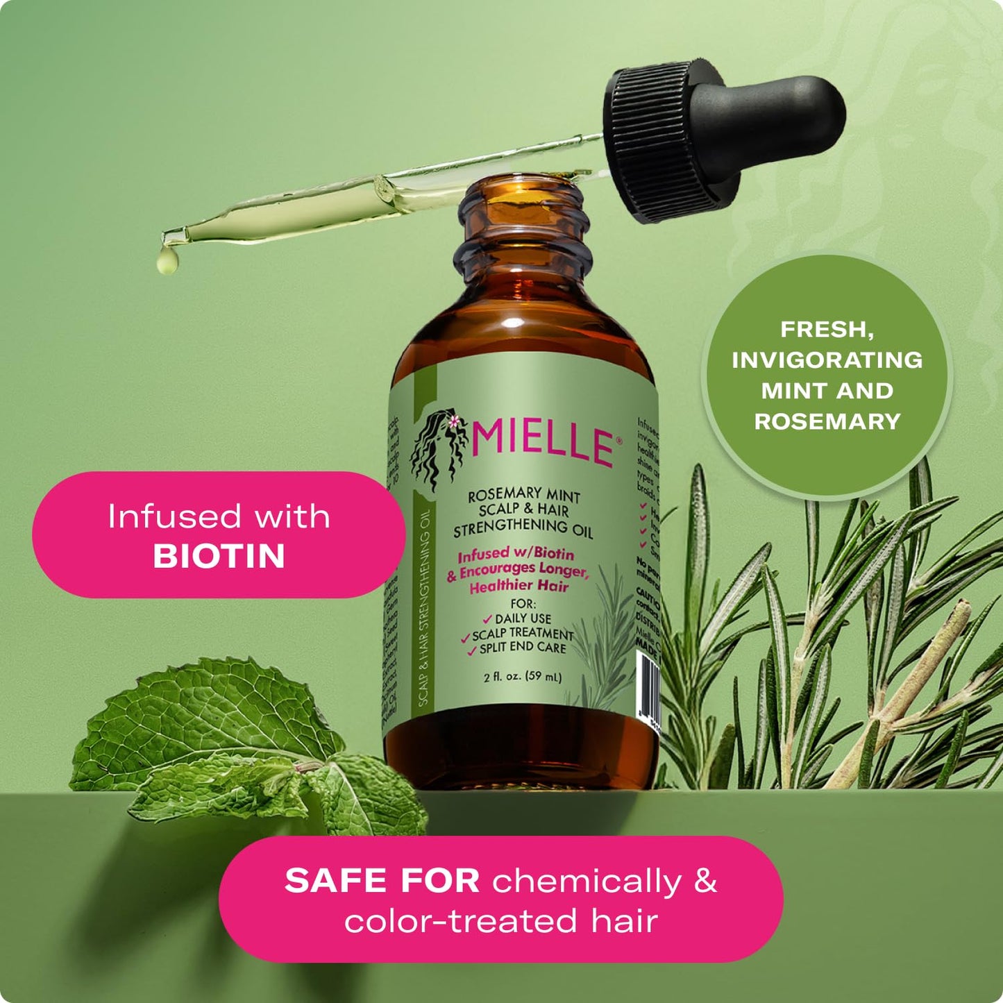 Mielle Organics Rosemary & Mint Hair Oil, Split Ends & Dry Scalp Treatment - Made with Biotin & Essential Oils for Strengthening, Soothing, Moisturizing & Encouraging Longer, Healthier Hair (2 Fl Oz)