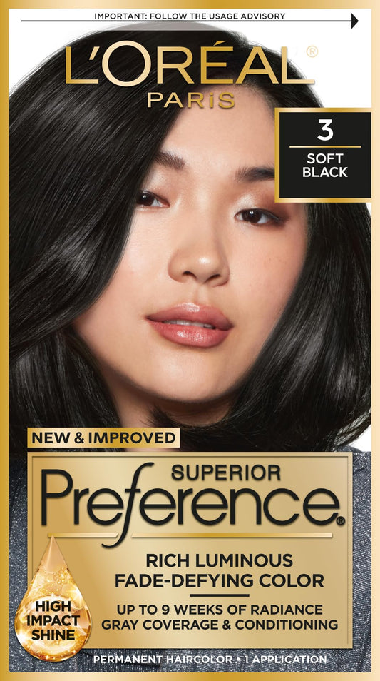 L'Oréal Paris Superior Preference Luminous Fade-Defying Permanent Hair Color, Hair Dye For Up to 9 Weeks of Radiance, Soft Black 3, 1 Hair Dye Kit