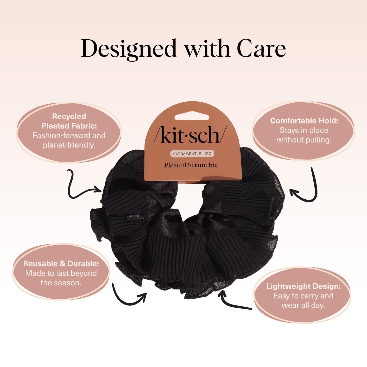 Kitsch Recycled Fabric Pleated Scrunchie – Halloween Hair Scrunchie for Women’s Hair – Chic Hair Accessories & Halloween Accessories – Sustainable Scrunchie for Women - Black