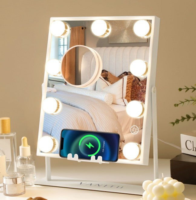 Vanity Makeup Mirror Perfect Size Wireless Charge Bluetooth Speaker 3 Light Adjustable 9 LED BulbS 360 Degree Rotation 10X Magnifying Glass Color Handle Setting Cosmetic
