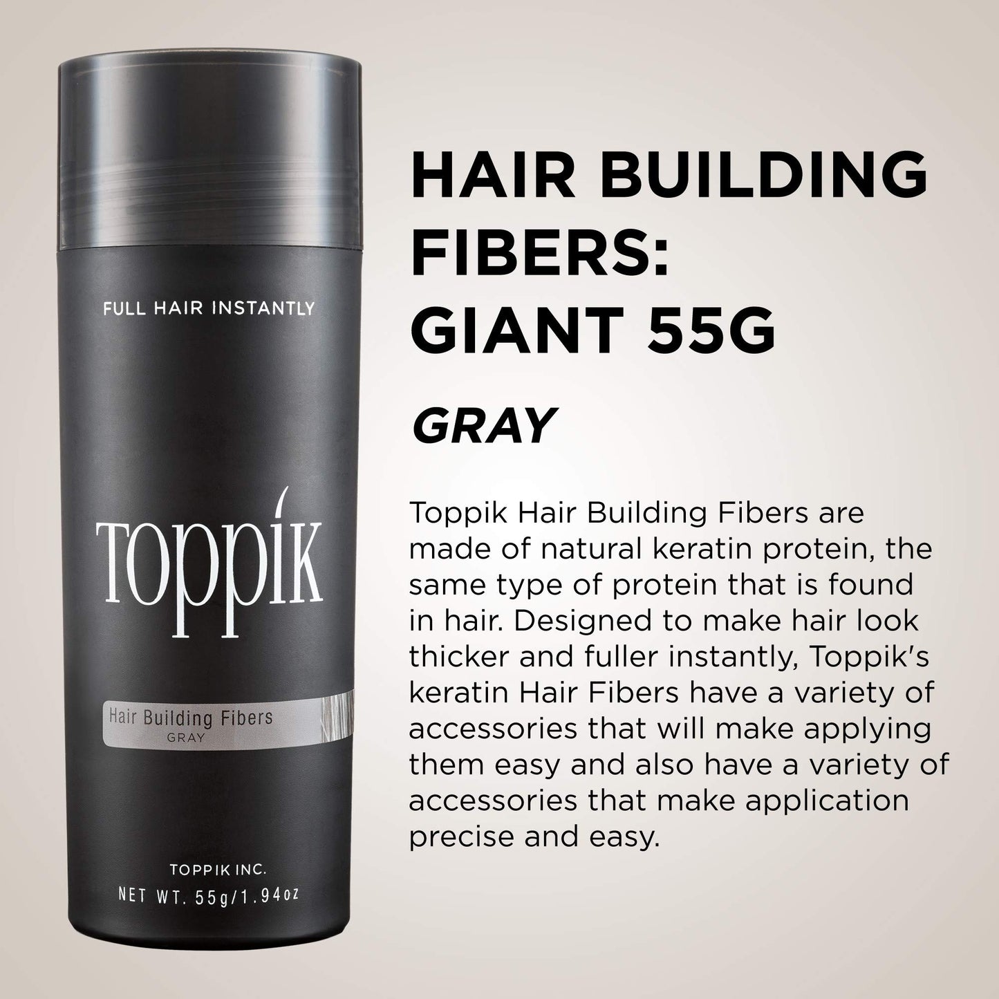 Toppik Hair Building Fibers, Gray, 55g Fill In Fine or Thinning Hair, Instantly Thicker, Fuller Looking, 9 Shades for Men & Women, Keratin Protein Formula