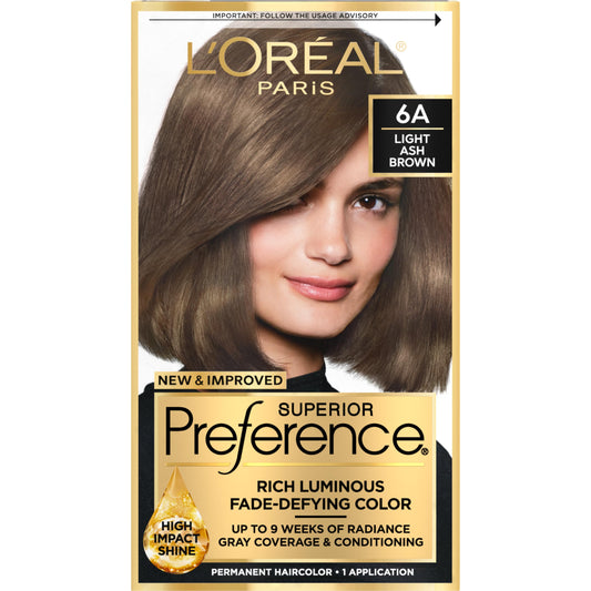 L'Oreal Paris Superior Preference Luminous Fade-Defying Permanent Hair Color, Hair Dye For Up to 9 Weeks of Radiance, Light Ash Brown 6A, 1 Hair Dye Kit