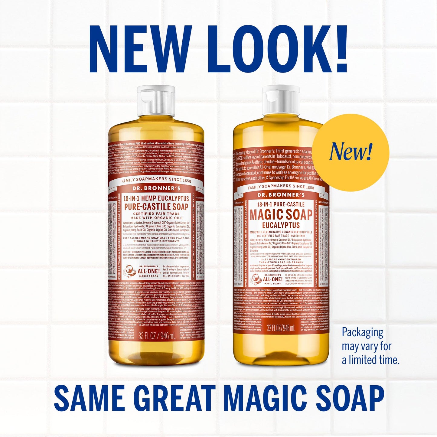 Dr. Bronner's Magic Soap - Pure-Castile Liquid Soap (Eucalyptus, 32 ounce, 2-Pack) -Regenerative Organic Certified Oils, 18-in-1 Uses: Body, Hair, Laundry, Pets & Dishes, Concentrated, Vegan, Non-GMO