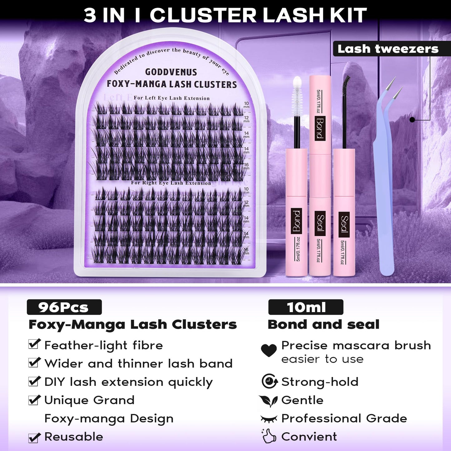 Goddvenus Manga Lash Cluster Kit Wispy Lashes Clusters Fluffy Eyelash Clusters Upturned Foxy Cluster Eyelash Extensions Kit D Curl Fairy Eyelash Extension Kit 10-16mm Individual Lashes Kit