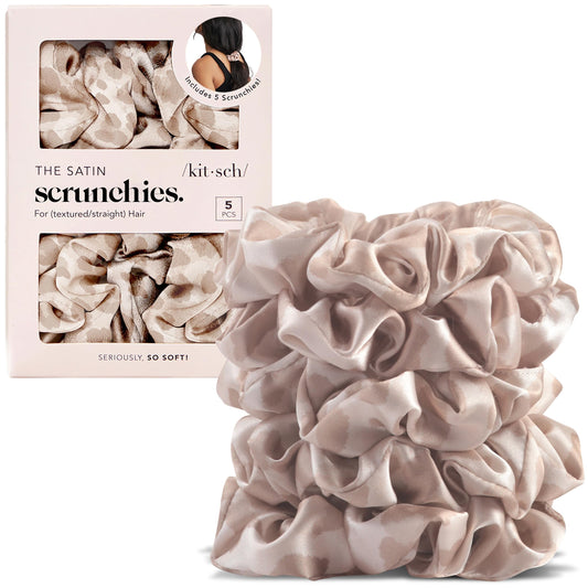 Kitsch Leopard Prints Satin Scrunchies for Women - No Crease Hair Ties for Girls, Scrunchies For All Hair Types and Textures, Perfect for Day or Night - 5 Pcs