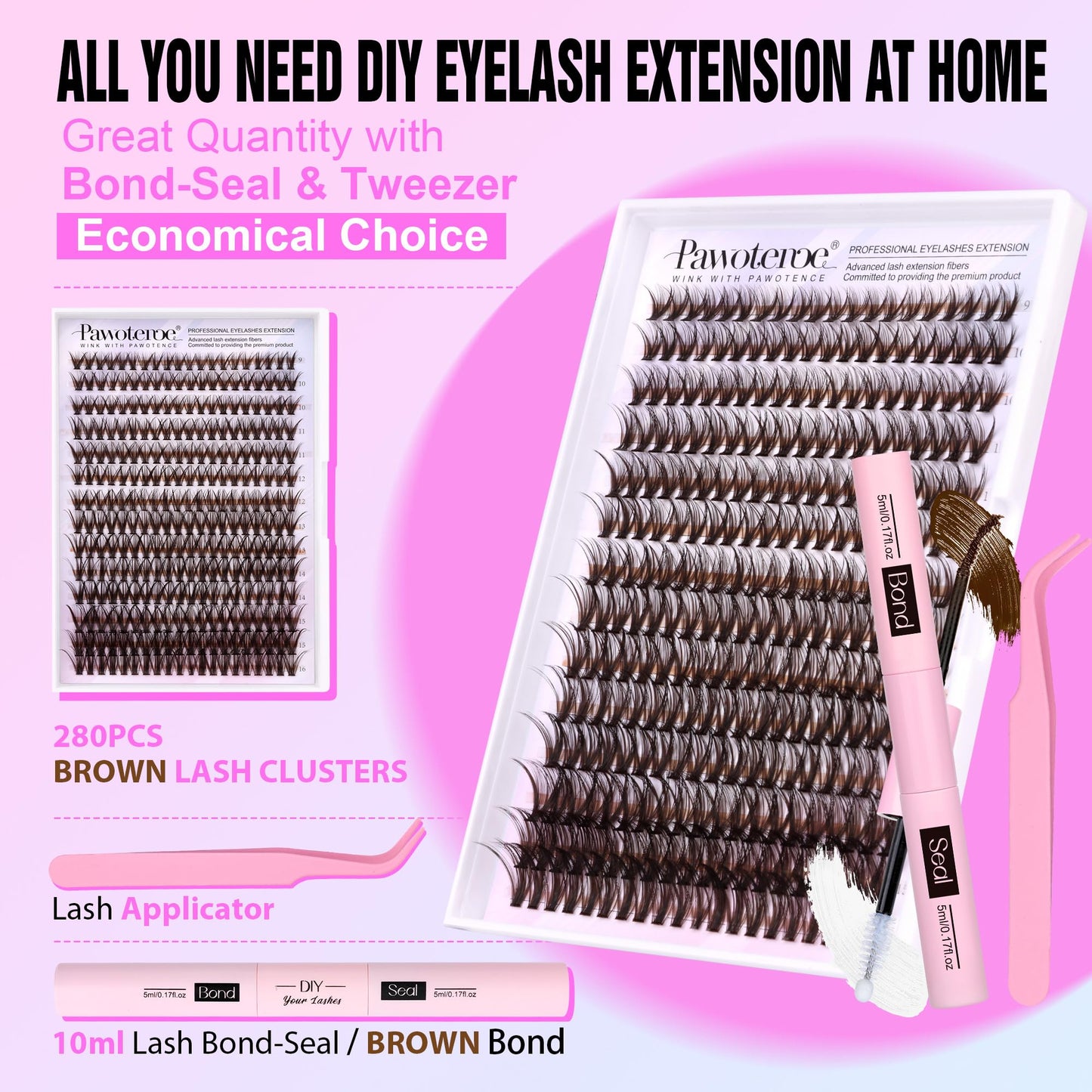 Pawotence Lash Extension Kit DIY 280pcs Brown Lash Clusters Eyelash Extension Kit 40D 9-16mm Individual Lashes Kit with Lash Bond and Seal Lash Tweezers for Self Use (Brown 40D, 9-16mm, Kit)