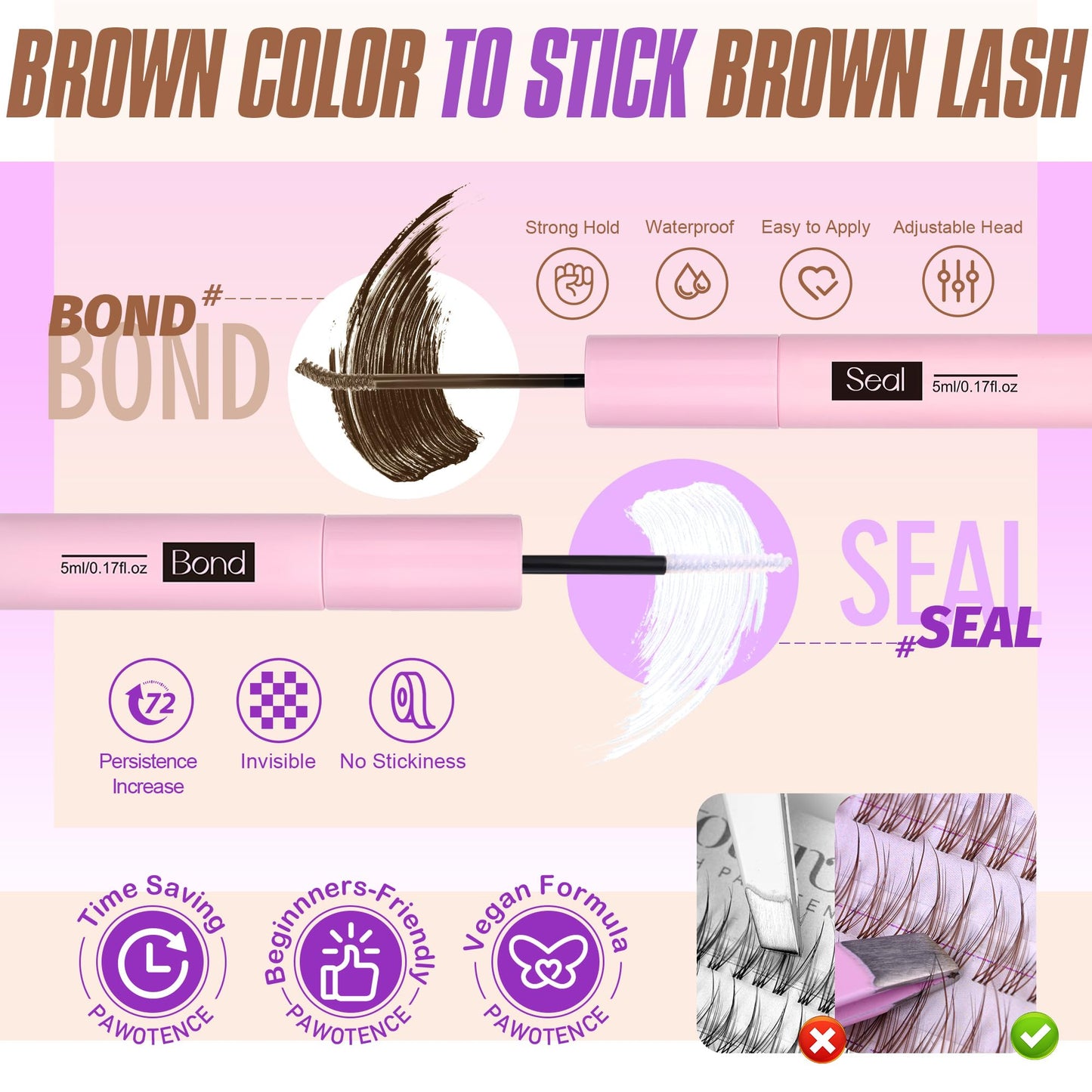 Pawotence Brown Lash Extension Kit Lash Clusters Wispy clear Band 10-12mm Individual Lashes Natural Brown Clusters Eyelash Extension Kit with Lash Bond and Seal, Lash Applicator for Self Use