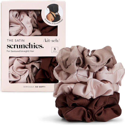 Kitsch Satin Scrunchies for Women - No Crease Hair Ties for Girls | Scrunchies For All Hair Types and Textures, Perfect for Day or Night - 5 Pcs, Cameo