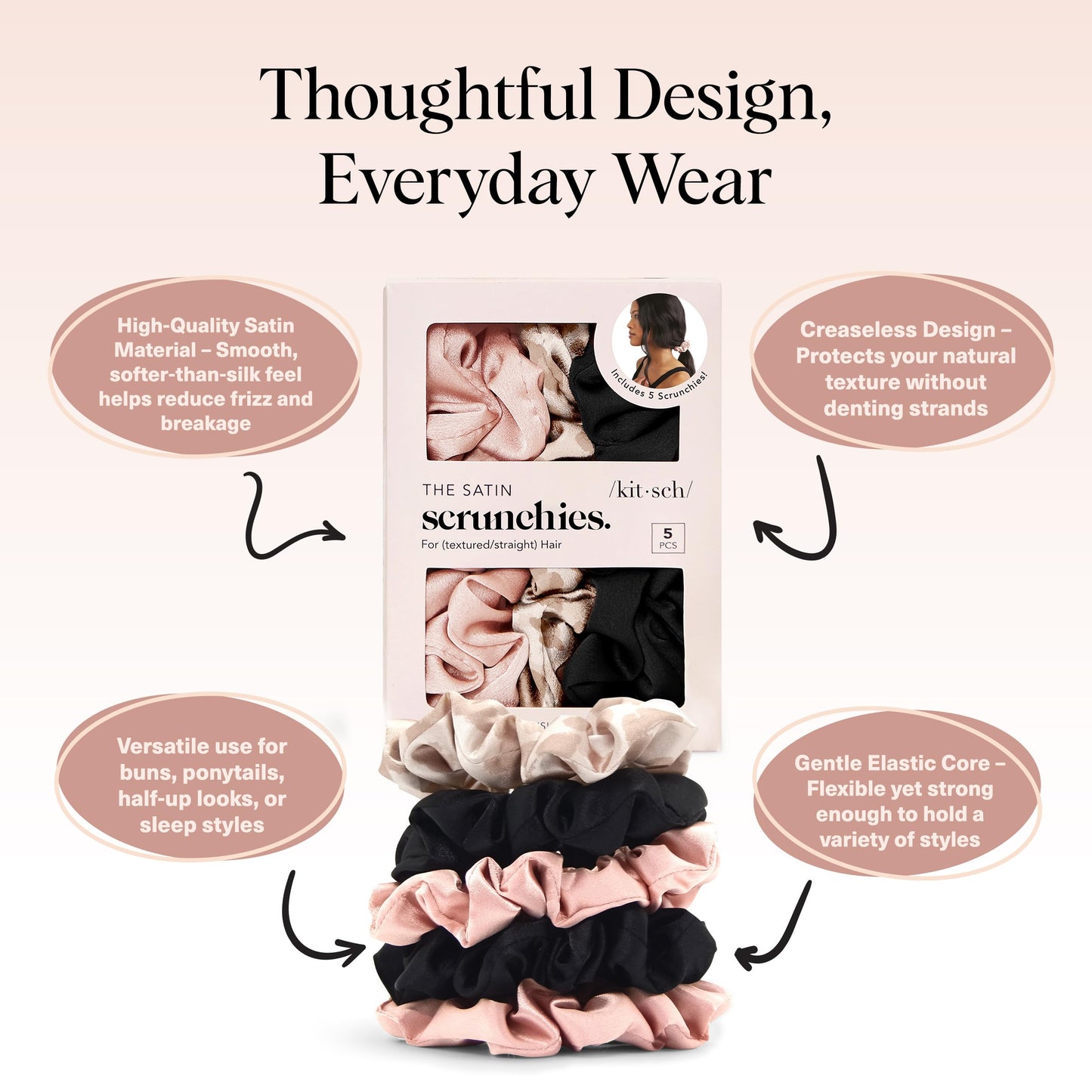 Kitsch Satin Scrunchies for Women - Softer Than Silk Scrunchies | Hair Ties No Damage for Frizz-Free Sleep | Perfect for Day or Night Hair Accessories - Assorted, 5pcs