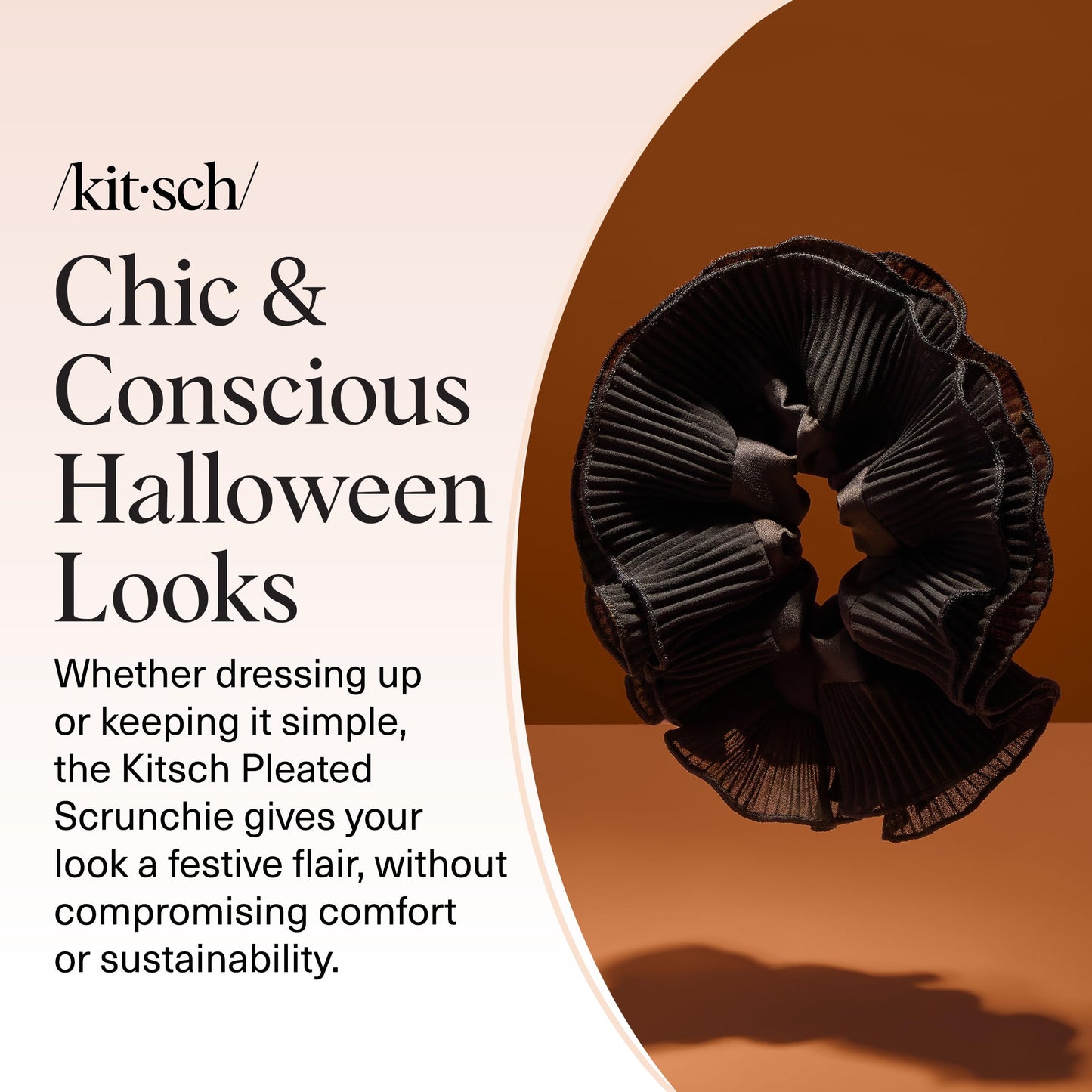 Kitsch Recycled Fabric Pleated Scrunchie – Halloween Hair Scrunchie for Women’s Hair – Chic Hair Accessories & Halloween Accessories – Sustainable Scrunchie for Women - Black