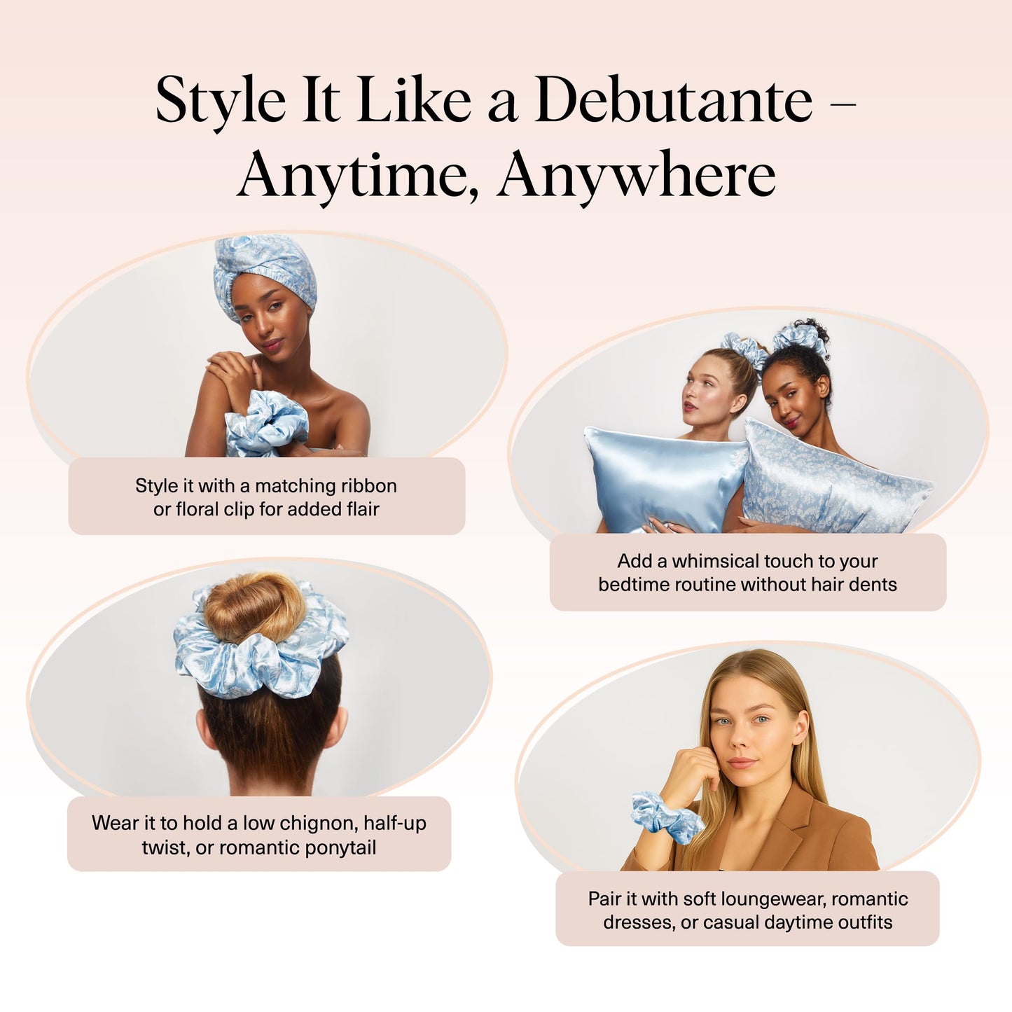 Bridgerton x Kitsch Satin Scrunchies for Women, No Snag, No Tugging, Soft & Comfortable Scrunchies for Girls, Perfect for Day or Night - Toile De Blue