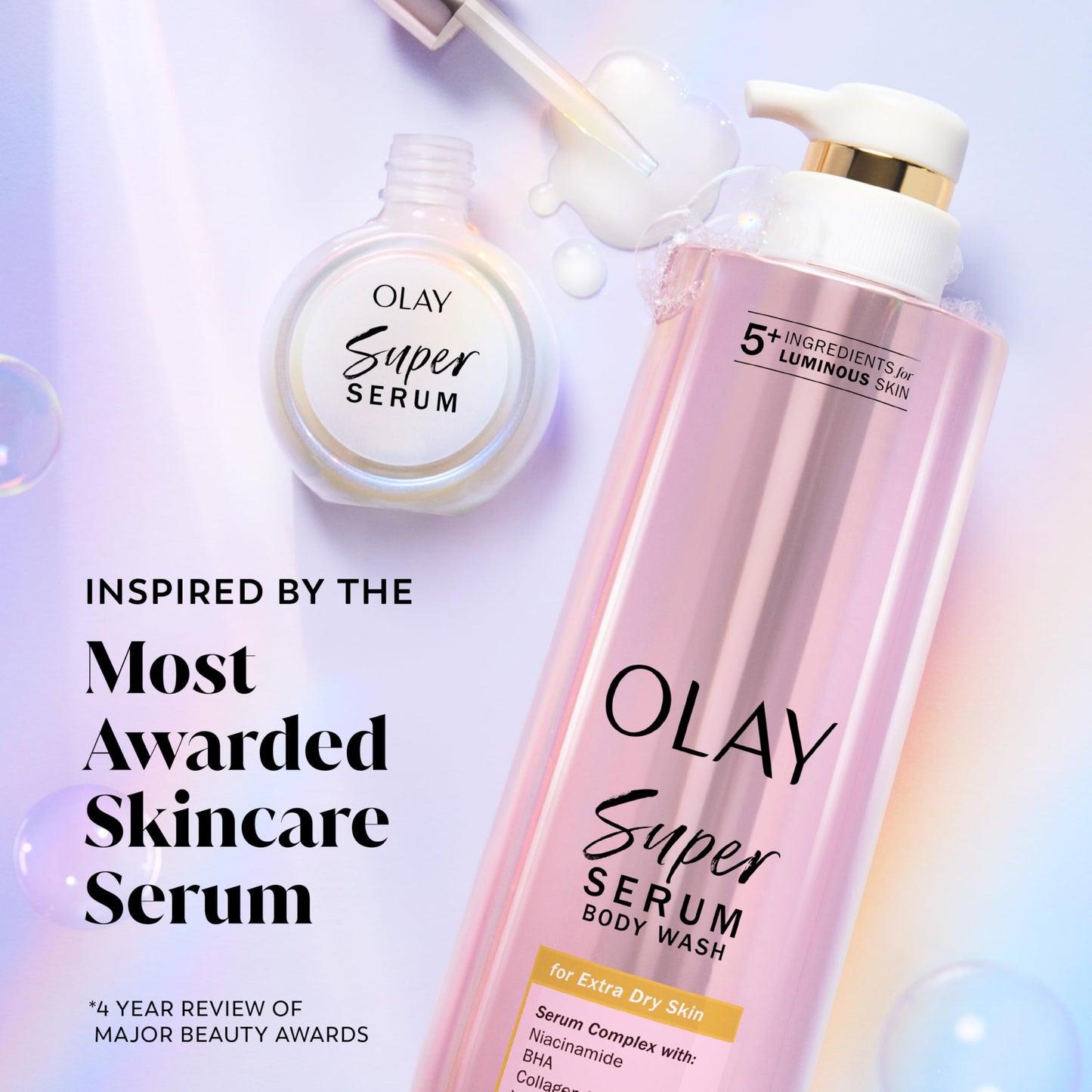 Olay Super Serum Body Wash + Hand & Body Lotion Bundle for Dry Skin, 24hr Long Lasting Hydration, 5+ Ingredient Serum Complex for Luminous Skin, 18.5 fl oz (Pack of 2)