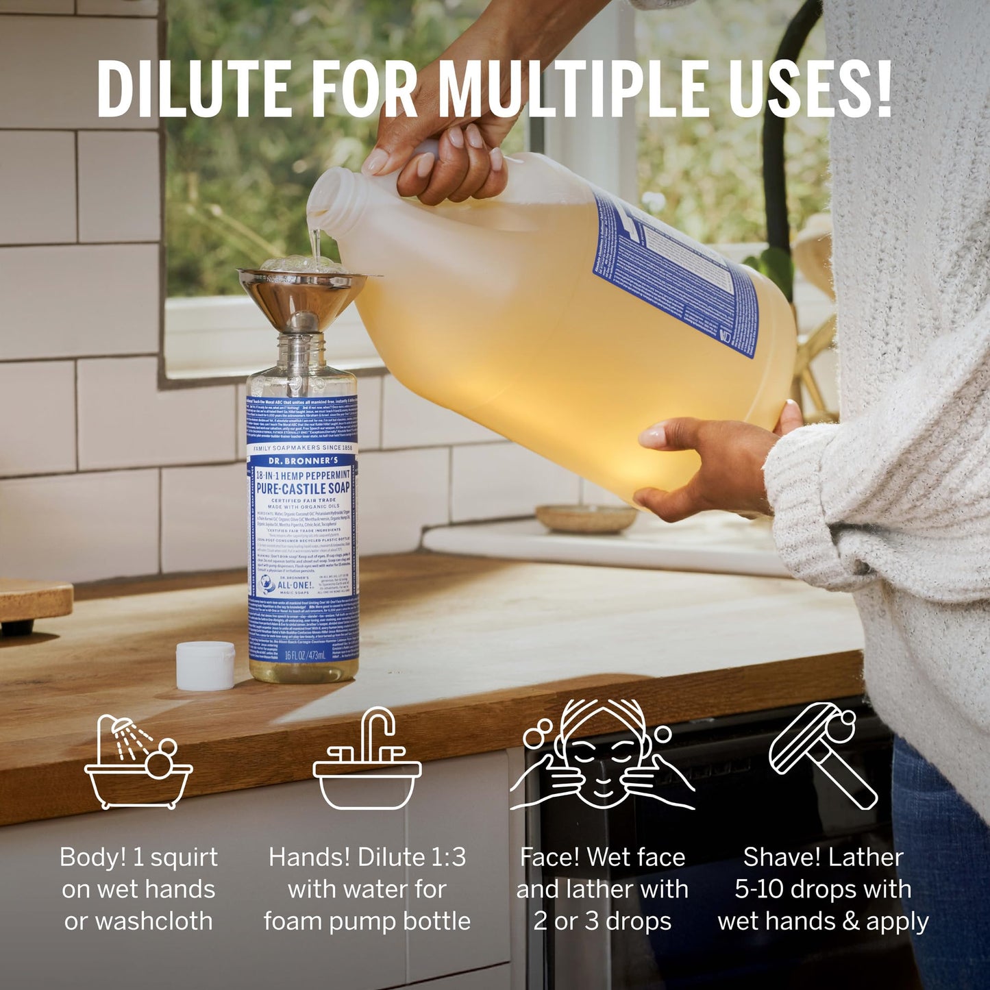 Dr. Bronner's Pure-Castile Magic Soap Liquid (Peppermint, 1 Gallon) – Made with Regenerative Organic Certified Oils - For Face, Hair, Laundry, Dishes- Hand Soaps & Body Wash