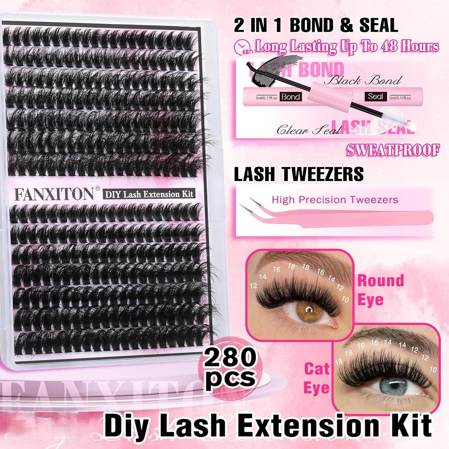 FANXITON Lash Clusters with Lash Bond and Seal Sweatproof, 10-18 mm D Volume Lash Extension Kit 280 pcs Individual Lashes Lash Clusters Kit and Tweezers Thick DIY Eyelash Extension Kit