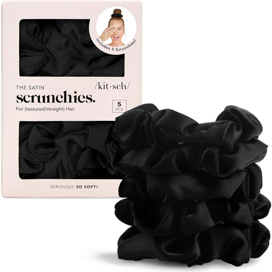 Kitsch Satin Scrunchies for Women – No Crease Hair Ties – Soft Satin Hair Scrunchies for Girls – Frizz Free, Gentle, Stylish Hair Accessories – Black, 5 pcs