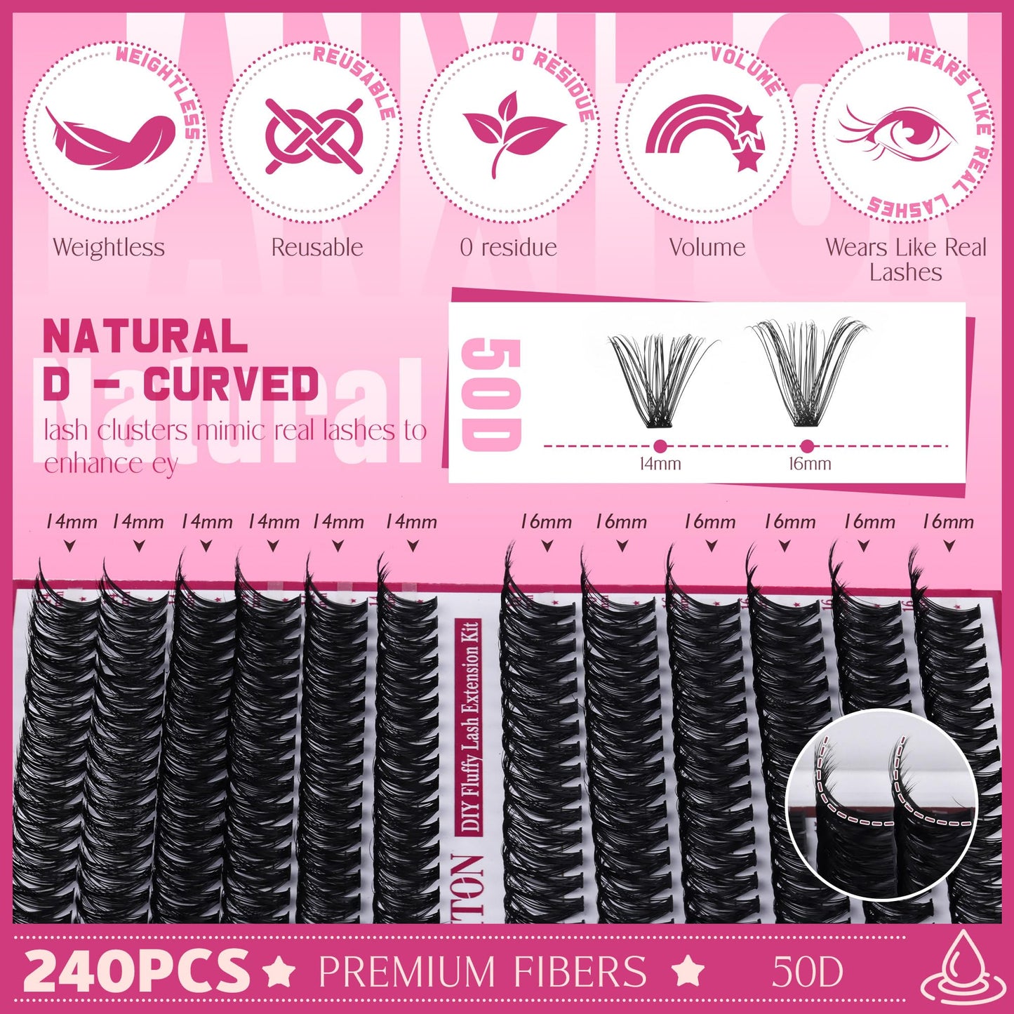 FANXITON Cluster Lashes 50D Lash Clusters D Natural Eyelashes Extensions 14-16mm Mix Individual Lashes Thin Band Lash Bond and Seal Tweezers Eyelashes Cluster for DIY Lash Extension