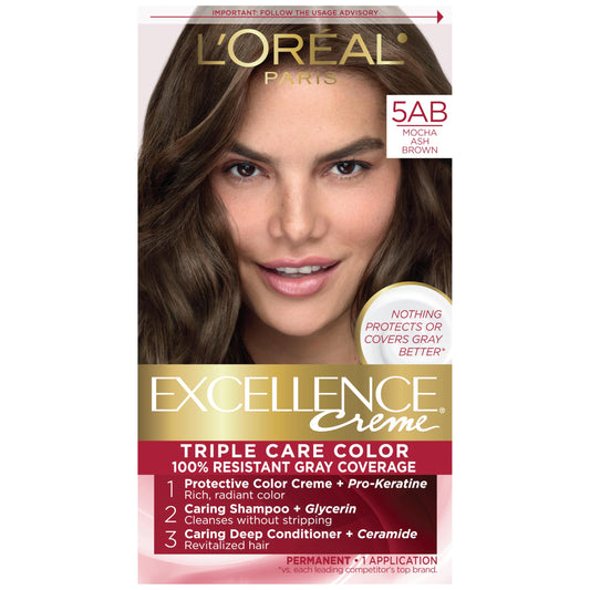 L'Oreal Paris Excellence Creme Permanent Triple Care Hair Color, 5AB Mocha Ashe Brown, Gray Coverage For Up to 8 Weeks, All Hair Types, Pack of 1