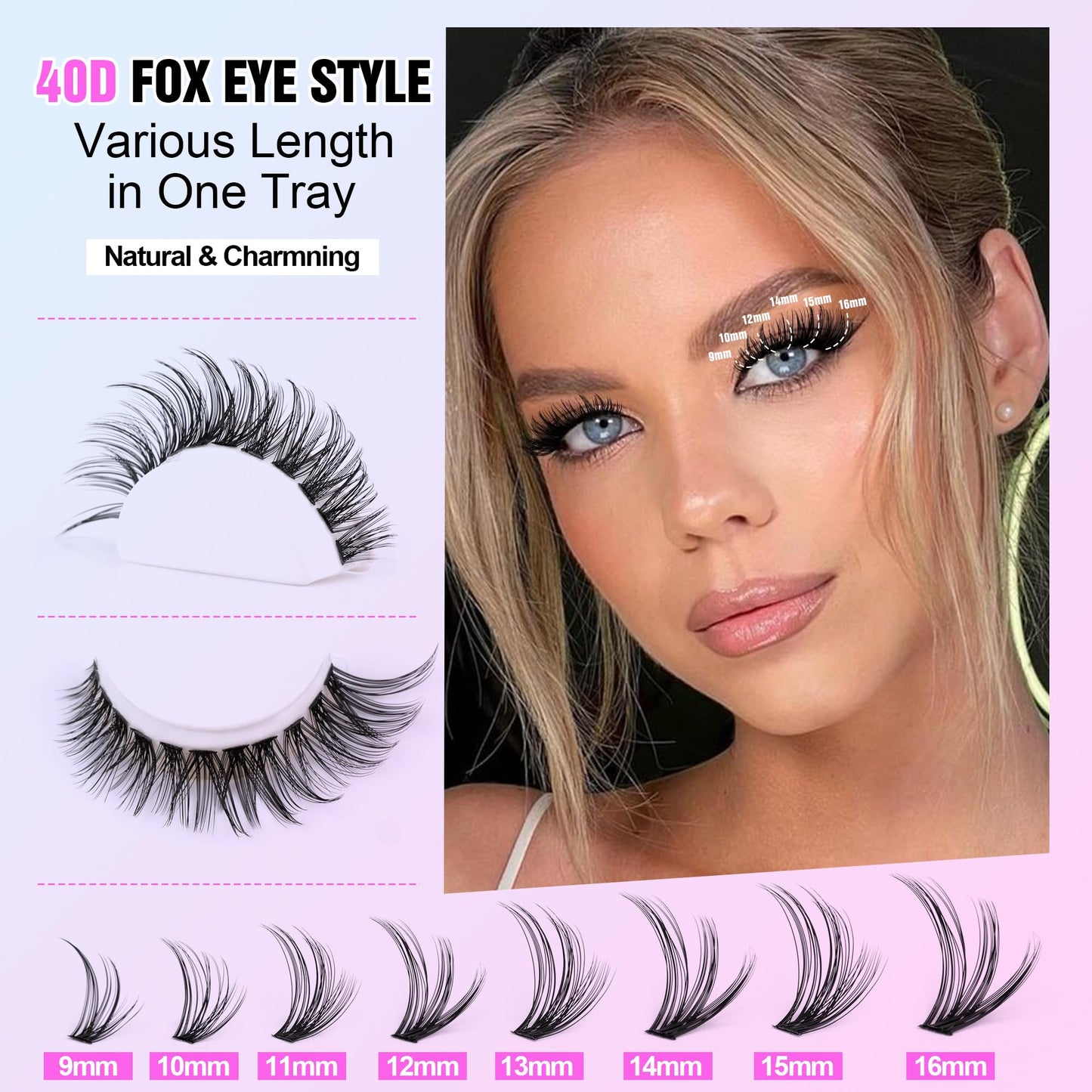 Pawotence Lash Clusters Kit Cat Eye Lash Extension Kit DIY 9-16mm Cluster Eyelash Extensions Kit 40D Individual Lashes with Lash Bond and Seal, Lash Tweezers for Self Use (Fox 40D, 9-16mm, Kit)