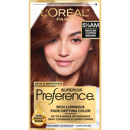 L'Oreal Paris Superior Preference Fade-Defying + Shine Permanent Hair Color, 5.5AM Medium Copper Brown, Pack of 1, Hair Dye