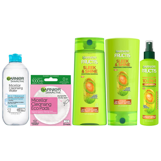 Garnier Back to School Bundle | Waterproof Micellar Water (400ml), EcoPads, Fructis Sleek & Shine Shampoo (22 fl oz), Conditioner (21 fl oz) + 10-in-1 Treatment (8.1 oz), 5 Items (Packaging May Vary)
