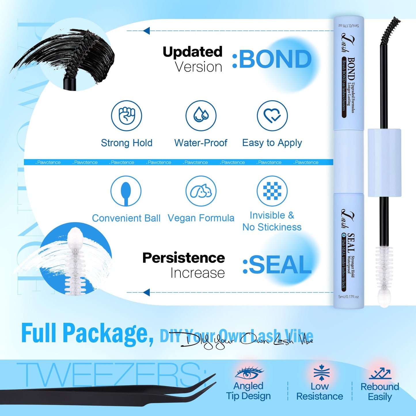 Pawotence Lash Clusters Kit 40D 60D Lash Extension Kit 10-18mm Cluster Eyelash Extension Kit Individual Lashes 280pcs Eyelash Clusters with Lash Bond and Seal, Lash Tweezers for Self Use