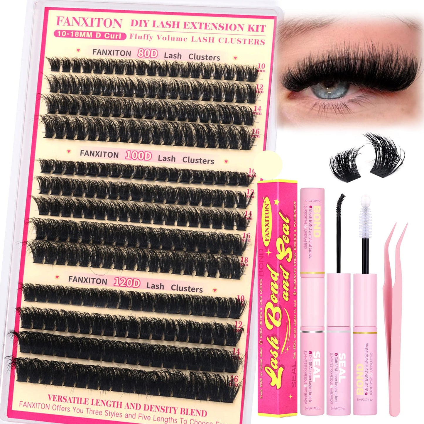 Lash Clusters Kit Thick Lash Extension Kit D Volume Lash Clusters 80D+100D+120D Eyelash Clusters 10-18mm Eye Wispy Individual Lashes with Bond and Seal