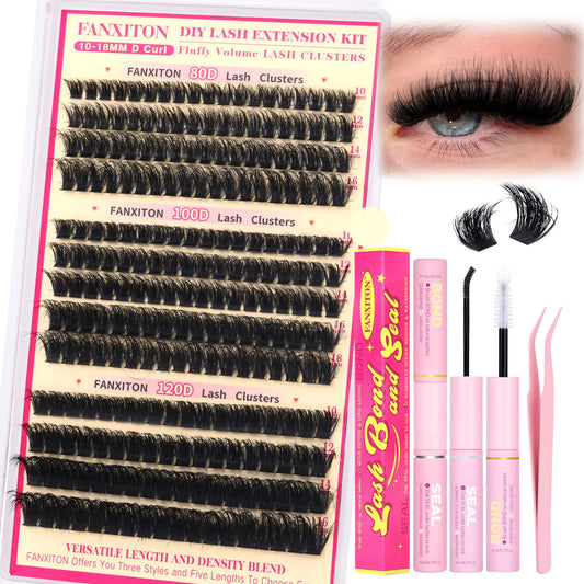 Lash Clusters Kit Thick Lash Extension Kit D Volume Lash Clusters 80D+100D+120D Eyelash Clusters 10-18mm Eye Wispy Individual Lashes with Bond and Seal