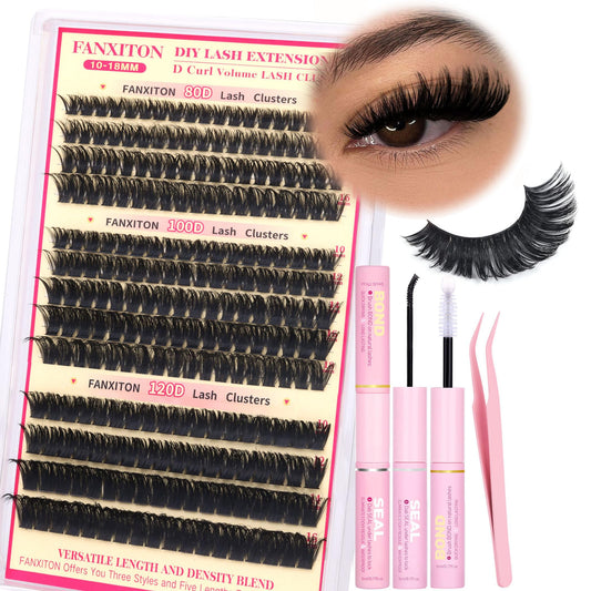 D Lash Clusters Kit Thick Lash Extension Kit Volume Lash Clusters 80D+100D+120D Eyelash Clusters Kit 10-18mm Individual Lashes with Bond and Seal by FANXITON
