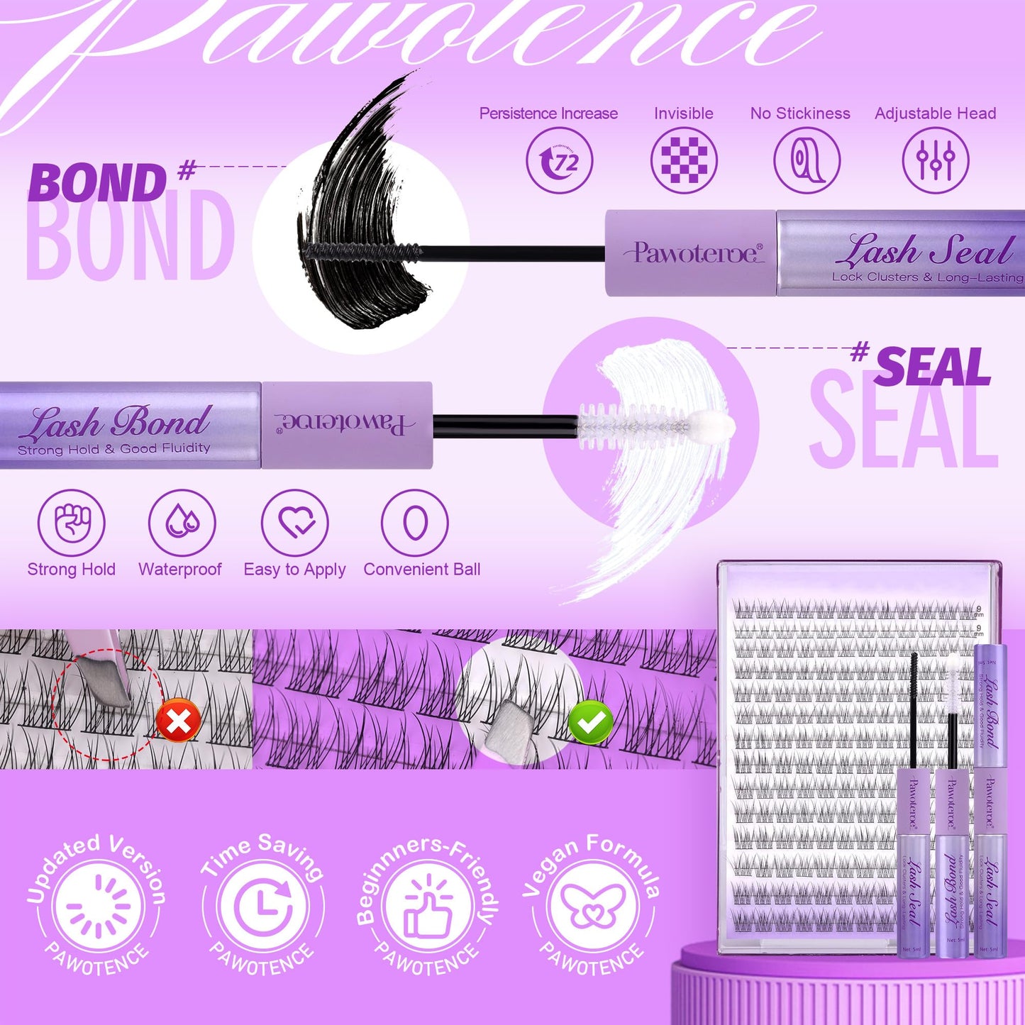 Pawotence Lash Extension Kit Wispy Lash Clusters Kit 9-12mm Natural Individual Lashes Kit 168pcs Cluster Eyelash Extension Kit with Lash Bond and Seal, Lash Applicator for Self Use