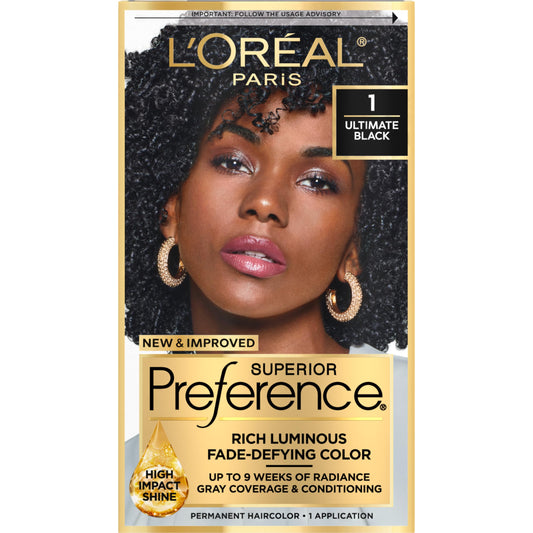 L'Oreal Paris Superior Preference Fade-Defying + Shine Permanent Hair Color, 1.0 Ultimate Black, Pack of 1, Hair Dye