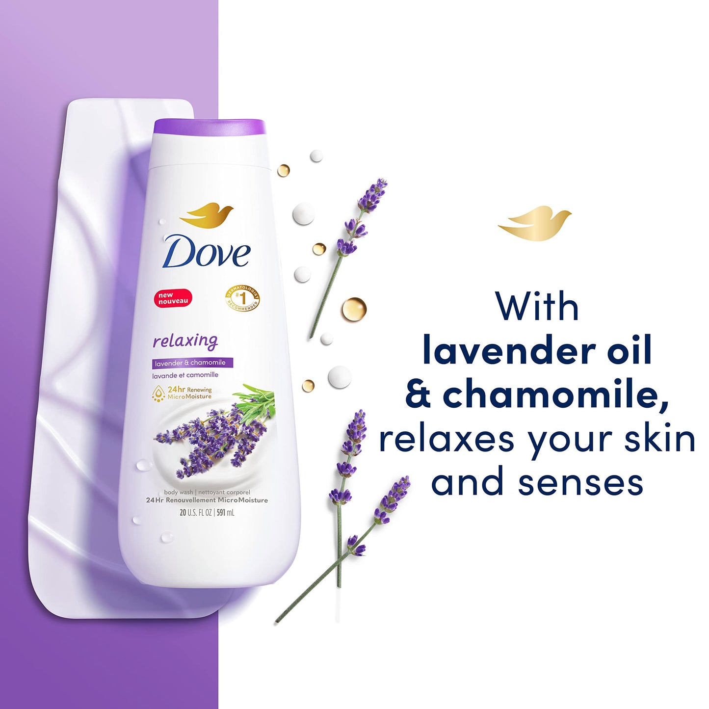 Dove Body Wash 4 Count Relaxing Lavender Oil & Chamomile for Renewed, Healthy-Looking Skin Gentle Skin Cleanser with 24hr Renewing MicroMoisture 20 oz