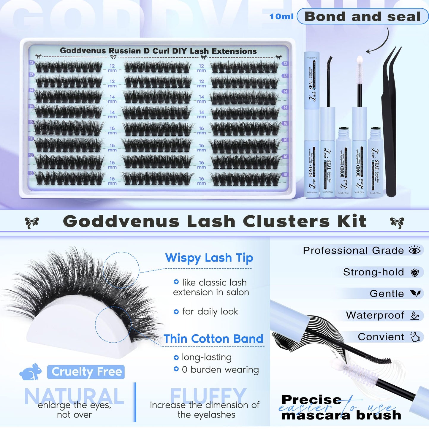 Goddvenus Lash Clusters Kit Wispy Lashes clusters Natural Fluffy Eyelashes Clusters 12mm 14mm 16mm Mixed Cluster Eyelash Extensions Kit D Curl DIY Individual Lashes Kit with Bond and Seal Lash Glue