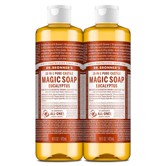 Dr. Bronner's Magic Soap - Pure-Castile Liquid Soap (Eucalyptus, 16 ounce, 2-Pack) -Regenerative Organic Certified Oils, 18-in-1 Uses: Body, Hair, Laundry, Pets & Dishes, Concentrated, Vegan, Non-GMO