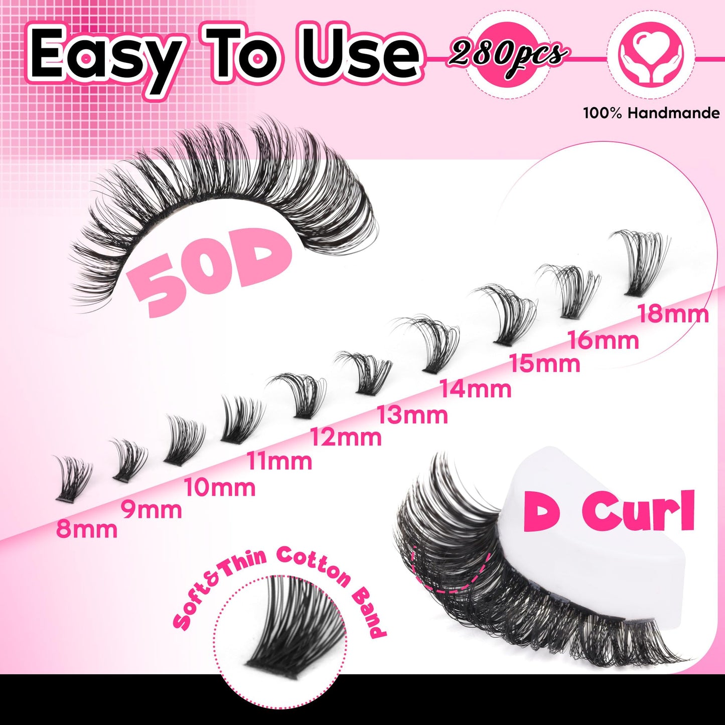 FANXITON Lash Clusters 280 Pcs Wispy Lash Clusters D 8-18 MM Mix Volume Thick Eyelash Clusters 50D Long Individual Eyelash DIY Lash Extensions at Home(50D)